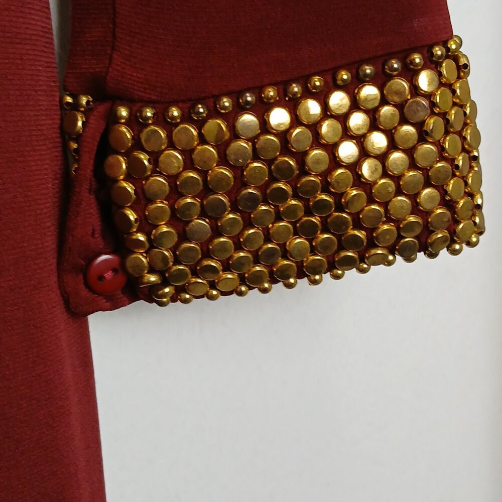 Elegant Burgundy Gold Studded High Neck Bodycon Midi Dress Sz M - Picture 8 of 14